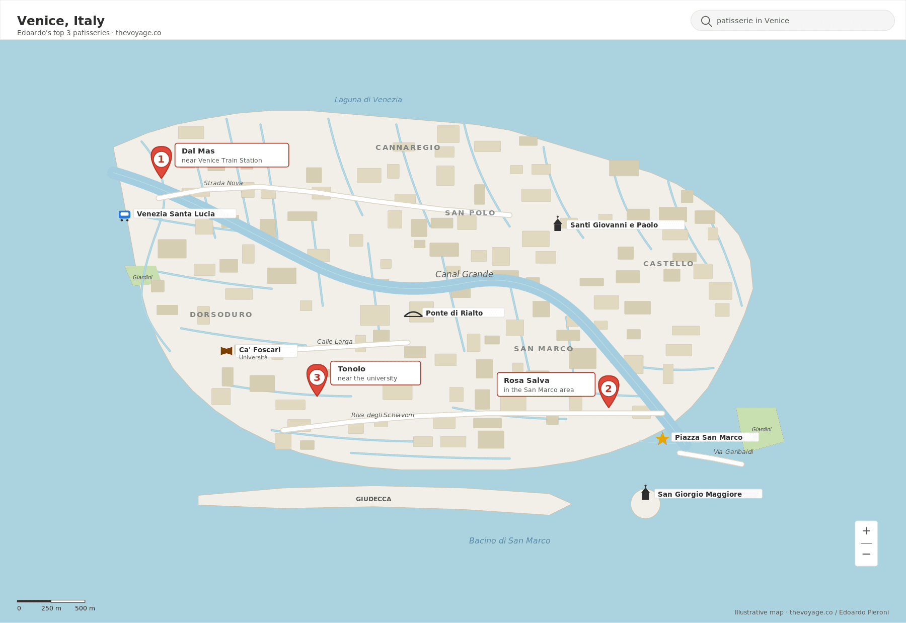 Illustrative map of Venice showing Dal Mas near the train station, Rosa Salva near San Marco, and Tonolo near the university